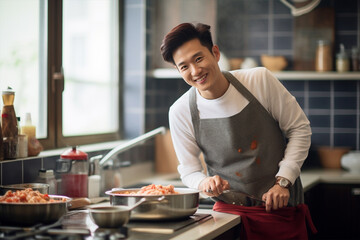 Asian young male food blogger in the kitchen preparing food