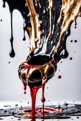 The paint runs down the white background. Black paint, Gold paint, Red paint