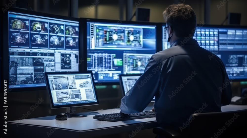 Aufkleber system security specialist working at system control center. room is full of screens displaying vari