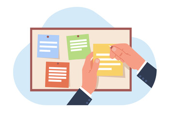 Hands pins note on bulletin board. Colorful stickers on blackboard. Reminders and tasks on wall. Memo and messages on sticky paper. Planning and organization cartoon flat vector concept