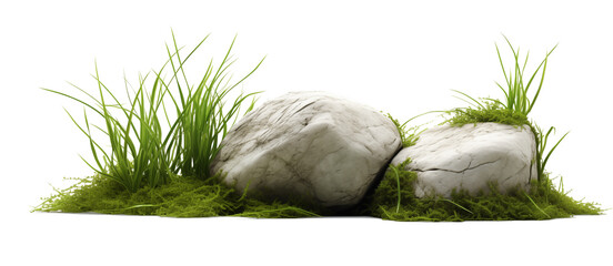 Green moss with decorative rocks and grass isolated on white background