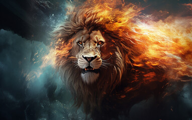 Fototapeta premium leão majestoso em fogo e água 