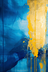 a blue painting with yellow and gold paint, in the style of dark gold and dark aquamarine created with Generative Ai
