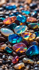 Fototapeta na wymiar Beautiful opal stone pebbles background. Colorful background with rainbowed colored stones, phone screensaver