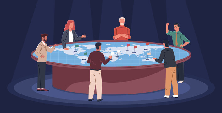 Political scene. Representatives of different parties confer around large map of world, people discussing strategy, governments competition cartoon flat isolated nowaday vector concept