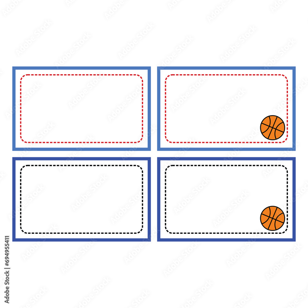 Poster set of 4 empty frames for photos with basketball ball. identity sticker on a white background. vecto