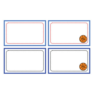 Set of 4 empty frames for photos with basketball ball.  Identity sticker on a white background. Vector illustration. Label name sticker design, with bright and cute colors.