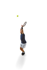 Full-length top view image of man, tennis player during game, in motion, hitting ball with racket isolated over white background. Concept of professional sport, competition, game, math, hobby, action