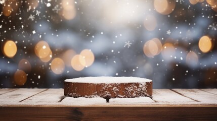 White Snow on wooden table for product presentation. Winter scenic landscape illustration. 