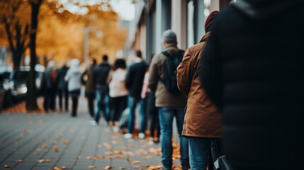 European people queue on street outside. - obrazy, fototapety, plakaty