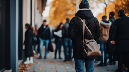 European people queue on street outside.