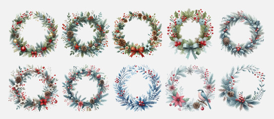Christmas wreath with winter floral elements. Merry Christmas wreath with text. Christmas decoration wreath frame.
