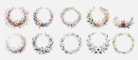 Set of Cute wreath with flowers, leaves and branches in vintage watercolor style. - obrazy, fototapety, plakaty