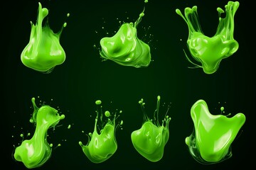 Collection set of green color splashes isolated on black background: