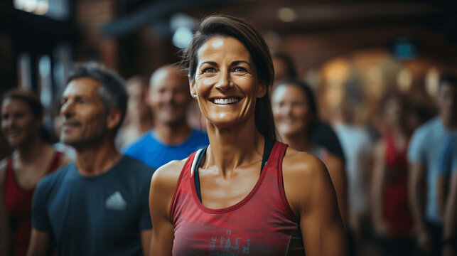 Mujer de mediana edad haciendo deporte con amigas en el gimnasio.