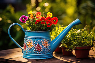 Gardening tools, spring flowers, gardening glows, watering can on green grass in the garden