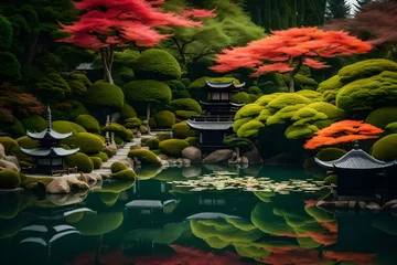 Fotobehang A Japanese garden, with meticulously manicured bonsai trees and tranquil koi ponds. © Johnny Sins