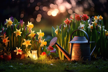 Gardening tools, spring flowers, gardening glows, watering can on green grass in the garden