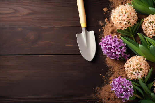 Gardening tools, hyacinth flowers, watering can and straw hat on soil background. Spring garden works concept. Layout with free text space captured from above top view, flat lay