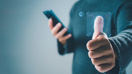Businessman scan fingerprint biometric identity and approval. Secure access granted by valid...