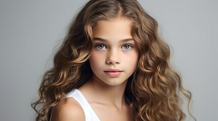 Fototapeta premium portrait of a beautiful young caucasian white American model teen girl looking forward. child ad with copy space, children, beauty, pretty