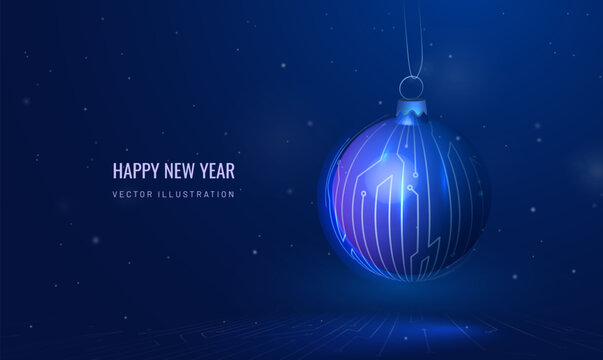 Christmas ball toy in technological style. Futuristic cyber Happy New Year greeting card. Winter holiday background