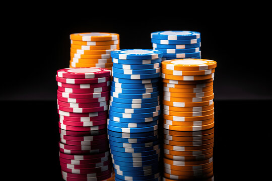 Casino poker chips on black reflective table. Generative AI