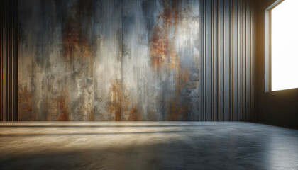 Empty Modern Room with Concrete Walls and Sunlit Background - obrazy, fototapety, plakaty