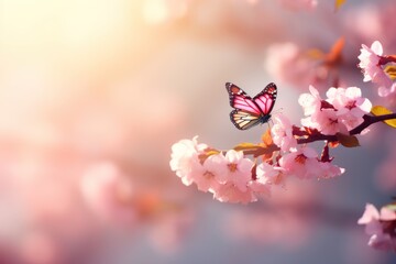 Beautiful pink flowers on a fresh spring morning with nature and fluttering butterflies - obrazy, fototapety, plakaty