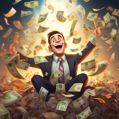 A man rejoices in his stock market investment, stock market success, economic success, fulfilled American dream, prosperity, wealth, money pouring in, successful entrepreneur, man in a suit, executive