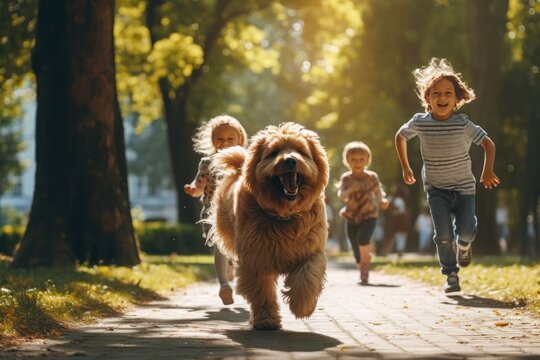 Children run in the park with dogs.