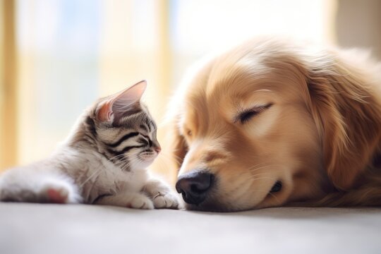 Dog sleeping with a small kitten Lonely