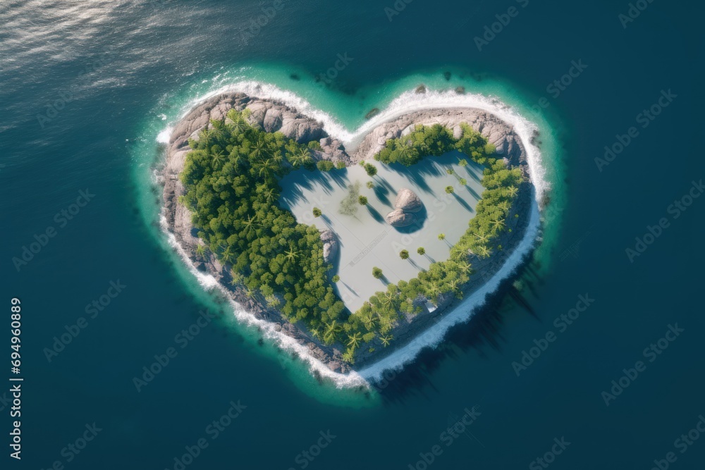 Wall mural Heart-shaped island in the ocean. Top view.