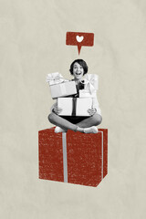 Vertical collage picture of astonished black white colors girl sit huge painted giftbox like...