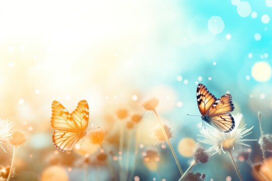Fototapeta Natural pastel watercolor background Morpho butterfly and dandelion sunrise background Soft focus