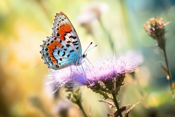Obraz premium butterfly on a flower stem on a bright morning in the garden.