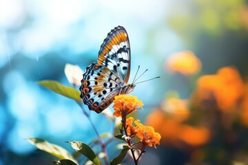 Obraz premium butterfly on a flower stem on a bright morning in the garden.
