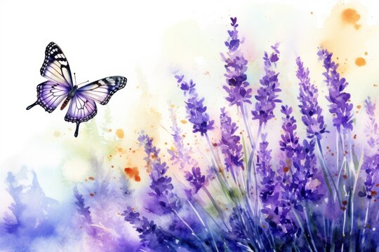 lavender flowers and two butterflies in the summer sunshine in spring