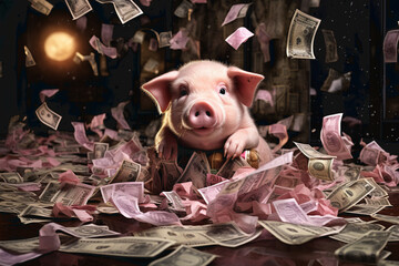pig on the heap of dollars, 3D illustration