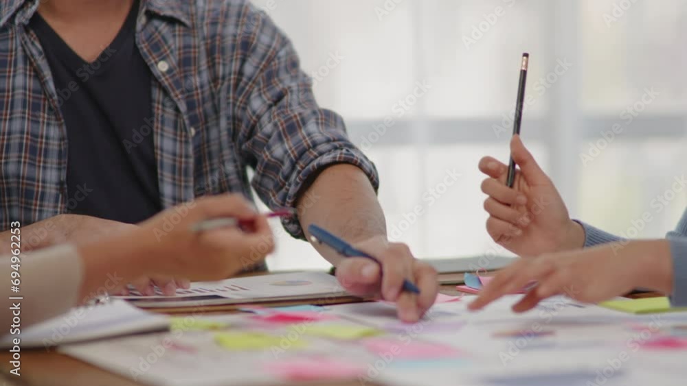 Poster close up of hands teamwork business startup group are meeting working and brainstorming for new busi