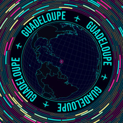 Guadeloupe on globe. Satellite view of the world centered on Guadeloupe. Bright neon style. Futuristic radial bricks background. Awesome vector illustration.