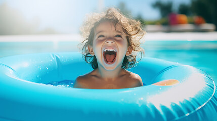 Joyful children in colorful swim rings bask in the sunny pool, epitomizing summer fun and vacation bliss