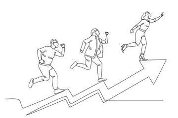 Businesspeople run after business goals. Business goal one-line drawing