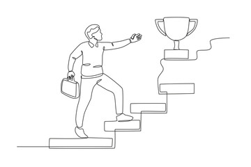 A man climbs the ladder of success. Business goal one-line drawing