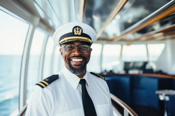 Portrait of a smiling ship captain standing in the bridge