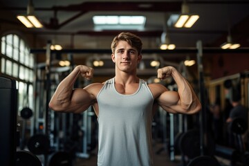 Fototapeta na wymiar Young bodybuilder man at gym, Young male bodybuilder showing his body and posing and doing sports exercises in the gym Ai Generated