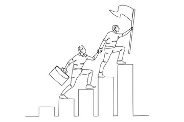 Two businessmen climb the ladder of success. Business goal one-line drawing