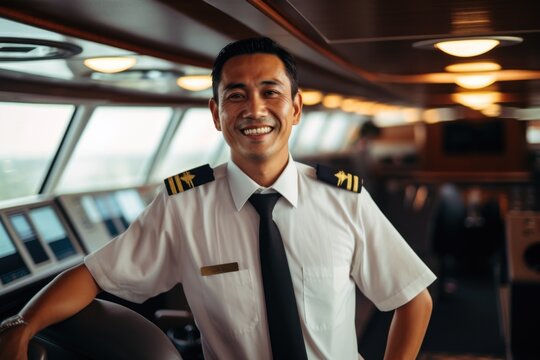 Portrait of a smiling ship captain standing in the bridge