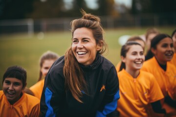 Portrait of a smiling female coach during practice with soccer team - obrazy, fototapety, plakaty