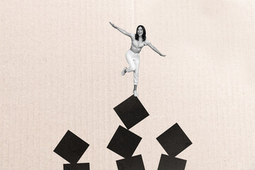 Creative photo collage young happy girl standing balancing top square figure elements self...